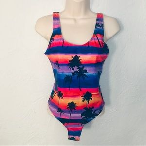 Tropical Sunset One-Piece Swimsuit Palm Tree Print Pink Blue Size 4